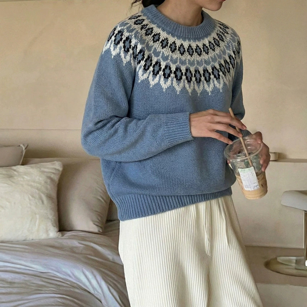 Fall Winter Women Ethnic Korean Round Neck Versatile Knit Pullover